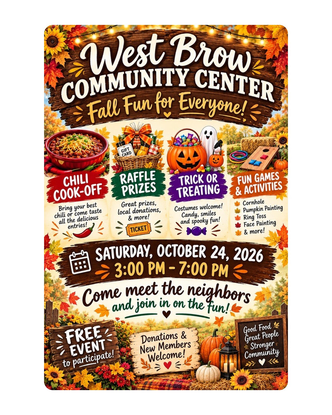 Fall festival poster for the West Brow Community Center: chili cook-off, raffle prizes, trick or treating, and games on Saturday, October 24, 2026, from 3:00 PM to 7:00 PM. Free event.